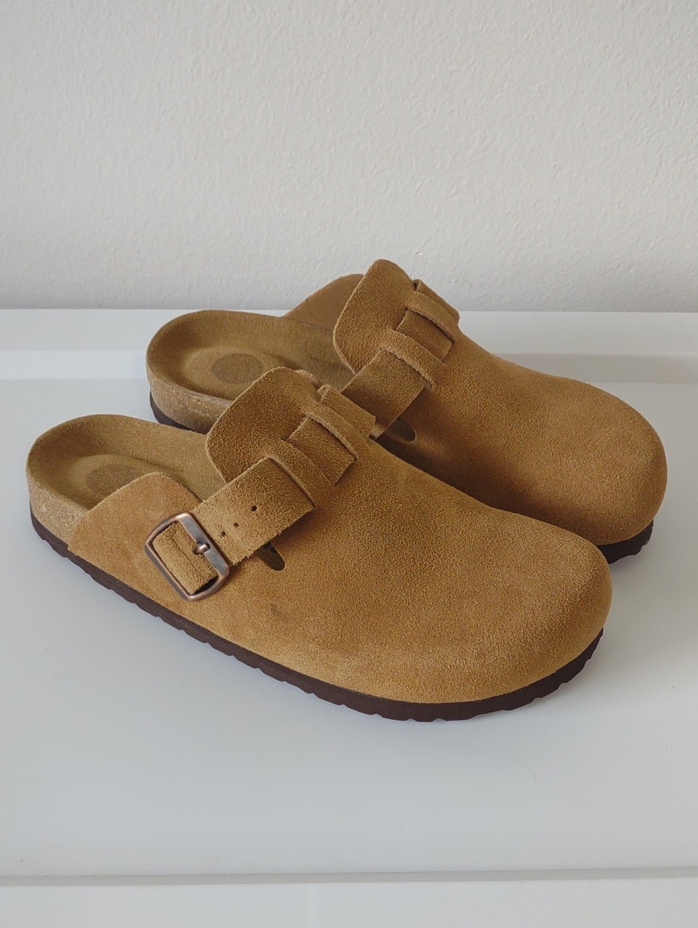 Cushionaire Hana Medium Leather Suede Slip-On Clogs with Buckle - Brown 7.5